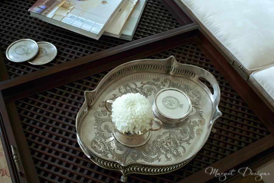 Silver tray on a table.