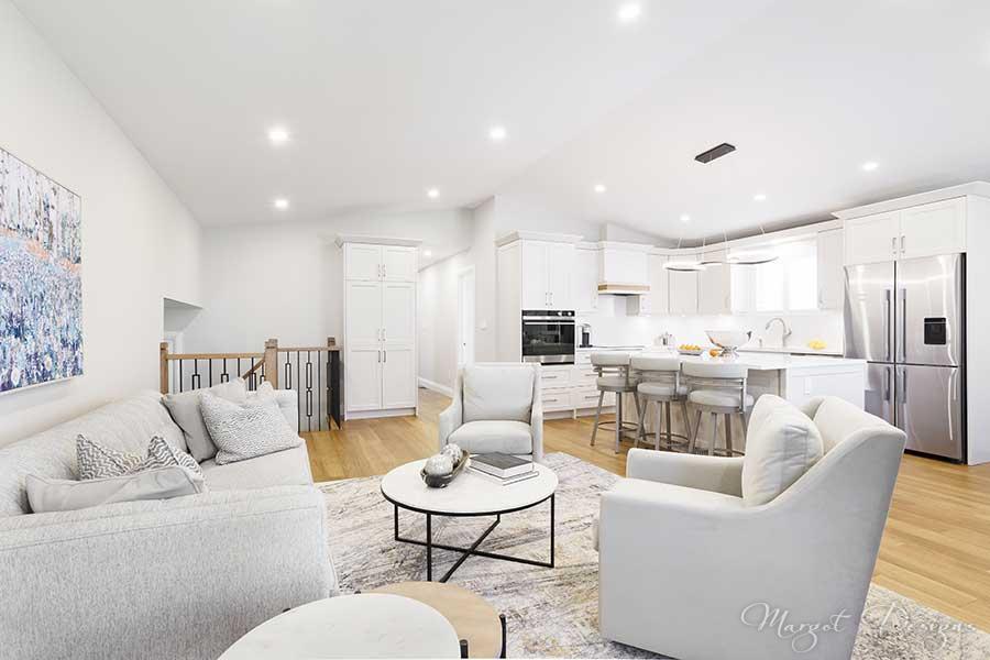 Living room and kitchen at Trillium Way renovation.